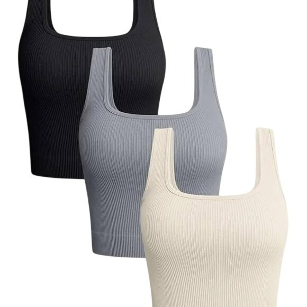 OQQ 3‎ Pack Ribbed Cropped Tank Tops Beige Black Gray Small S NWT